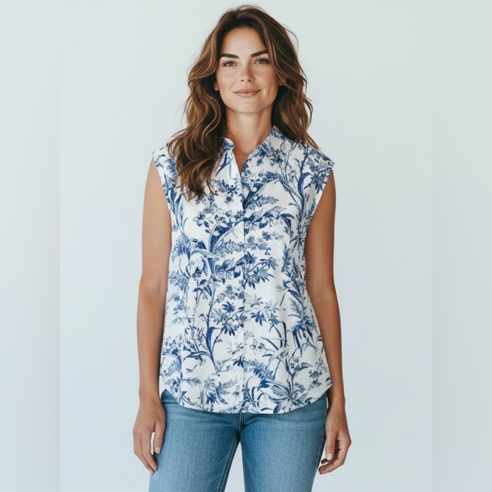 H&M Sleeveless Button Down Top Blue Floral Print‎ Casual Blouse Size Large